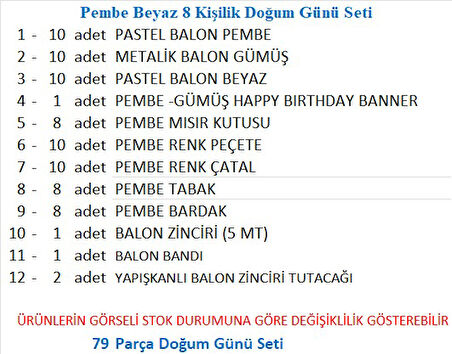 Pembe Beyaz 8 Kişilik Doğum Günü Seti