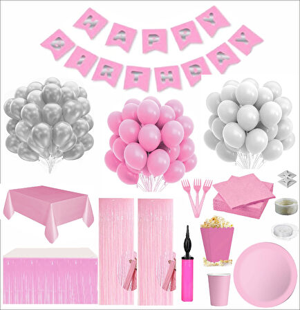 Pembe Beyaz 8 Kişilik Full Doğum Günü Seti