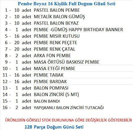 Pembe Beyaz 16 Kişilik Full Doğum Günü Seti