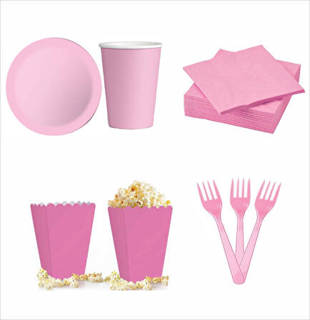 8 Pembe Tabak, 8 Pembe Bardak, 8 Pembe Mısır Kutusu, 10 Pembe Çatal, 10 Pembe Peçete