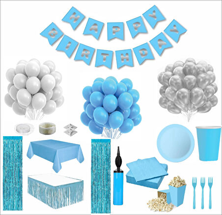Mavi Beyaz 24 Kişilik Full Doğum Günü Seti