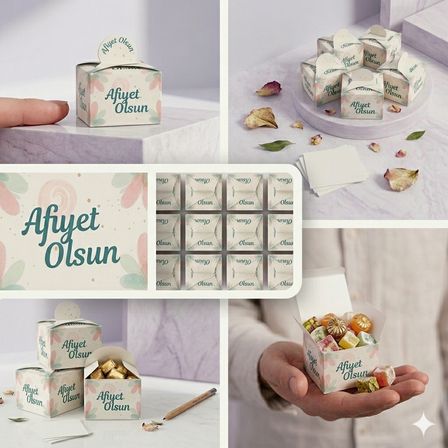 100 Adet Afiyet Olsun Baskılı İkram, Lokum, Şeker, Minik Hediye Kutusu
