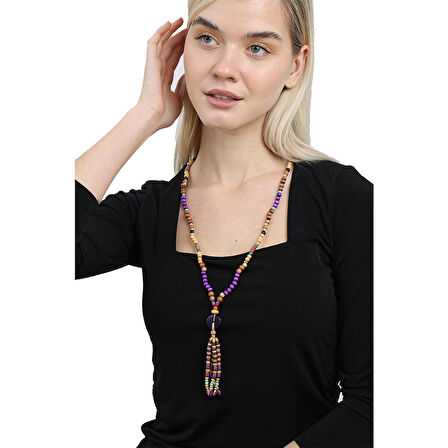 Tesbihane El Yapımı Etnik Ahşap Kombinli Mor Renk Geçişli Tekerlek Detaylı Otantik Kolye