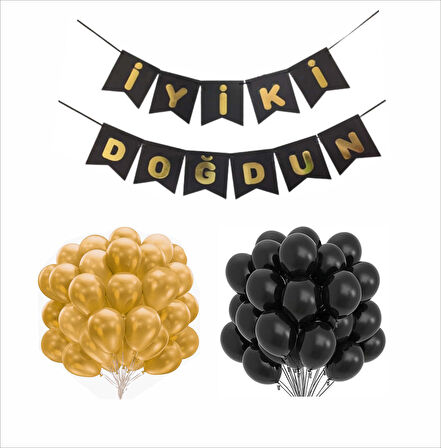 SİYAH-GOLD BALON+BANNER SETİ