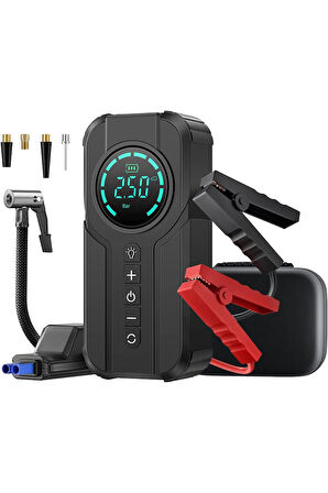 4'ü 1 Arada Şarjlı Akü Ateşleyici Lastik Şişirici Powerbank Led Işık 150psi Yüksek Basınçlı