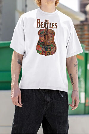 The Beatles Müzik Grubu Gitar Temalı Baskılı Unisex Oversize Tişört