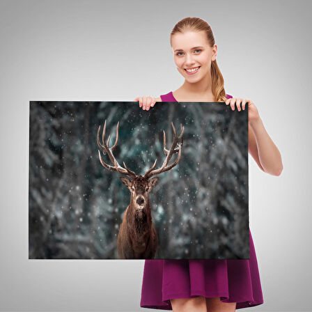 Ren Geyiği ve Kar Kanvas Tablo, Ren Geyiği Kış Ormanı Tablo-5370