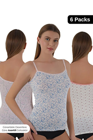 Kadın 6'lı İp Askılı Desenli Atlet - %95 Pamuk, %5 Likra