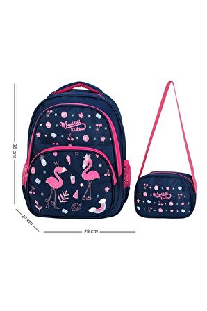 Waddell Lacivert Flamingo Desenli İlkokul Sırt ve Beslenme Çantası 5032