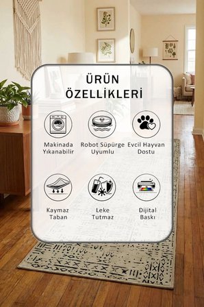 Dijital Baskılı Kaymaz Yıkanabilir Yolluk - Leke Tutmaz Vizon