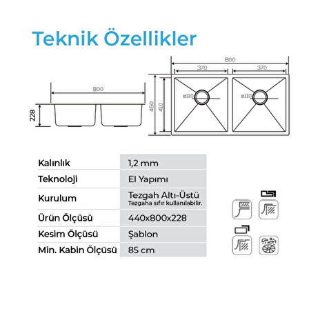 Crauf Stella 4580 PVD Füme 2 Gözlü Paslanmaz Çelik Mutfak Eviyesi