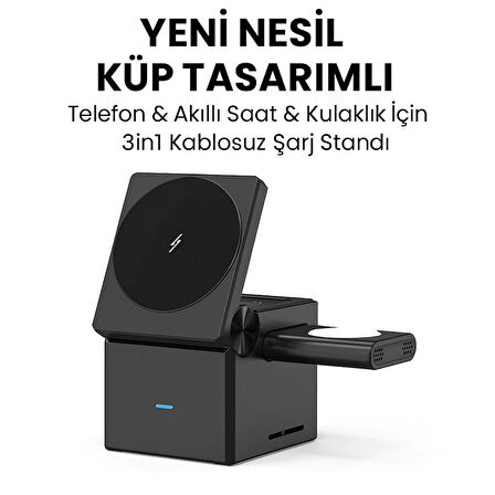 Qasul yeni nesil küp tasarımlı telefon & akıllı saat & kulaklık için 3in1 kablosuz şarj standı