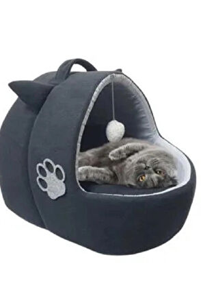 Yıkanabilir Kulaklı Kedi Yatağı Gri