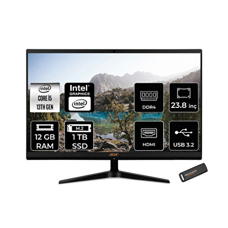 Acer Aspire C24-1800 i5 1335U 12GB 1TB SSD Intel Graphics 23.8" FHD FDOS All In One PC Siyah & PER