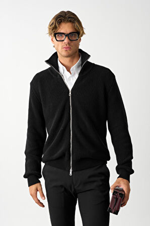 Erkek Regular Fit Selanik Örgü Pamuklu Fermuarlı Siyah Triko Hırka