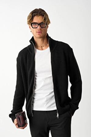 Erkek Regular Fit Selanik Örgü Pamuklu Fermuarlı Siyah Triko Hırka