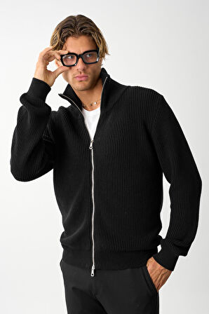 Erkek Regular Fit Selanik Örgü Pamuklu Fermuarlı Siyah Triko Hırka