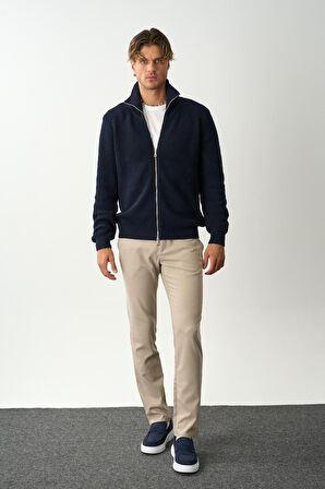 Erkek Regular Fit Selanik Örgü Pamuklu Fermuarlı Lacivert Triko Hırka