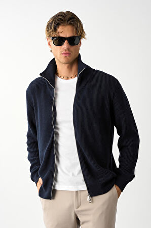 Erkek Regular Fit Selanik Örgü Pamuklu Fermuarlı Lacivert Triko Hırka