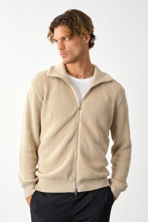 Erkek Regular Fit Selanik Örgü Pamuklu Fermuarlı Taş Triko Hırka