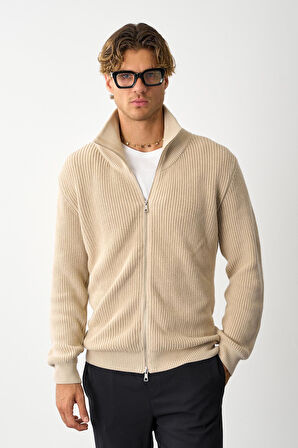 Erkek Regular Fit Selanik Örgü Pamuklu Fermuarlı Taş Triko Hırka