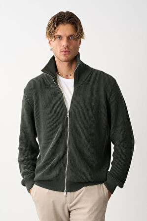 Erkek Regular Fit Selanik Örgü Pamuklu Fermuarlı Haki Triko Hırka