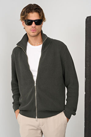 Erkek Regular Fit Selanik Örgü Pamuklu Fermuarlı Haki Triko Hırka