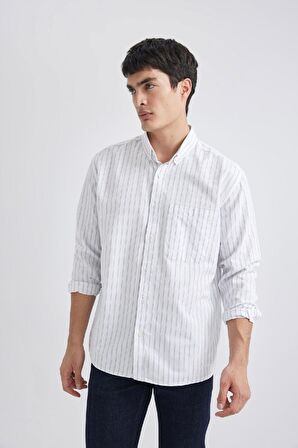 DeFacto Relax Fit Polo Yaka Çizgili Oxford Uzun Kollu Gömlek B3679AX24SPIN34