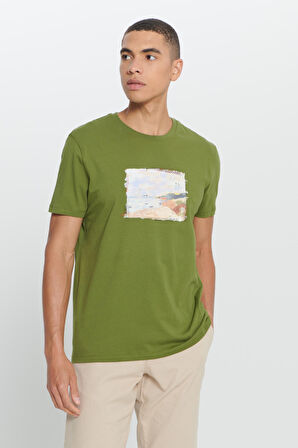 Standart Fit Normal Kesim %100 Pamuk Baskılı Bisiklet Yaka Tişört