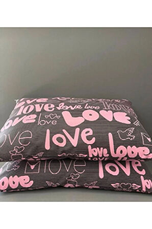 Love Desen Yastık Kılıfı 2 Adet + Kapitoneli Yastık Koruyucu 50x70 - 2 Adet