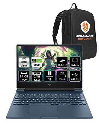 HP Victus 15 i5 12450H 64GB 2TB SSD RTX3050/4GB 144Hz 15.6'' FHD W11H Gaming Laptop & PER4 ÇANTA