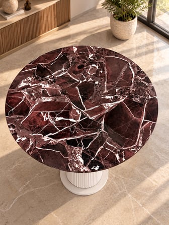 IMOBSAN Elazığ Vişne Mermer Desenli Yuvarlak Masa 90x80 cm %100 MDF Vizon Bej