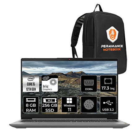 Lenovo IdeaPad 3 17IAU7 i5-1235U 8GB 256GB SSD 17.3" FHD W11H Taşınabilir Bilgisayar & PER4 Çanta