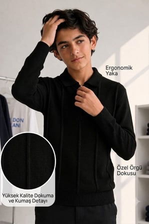 Erkek Çocuk Fermuarlı Polo Yaka Fitilli Triko Kazak TRK11011