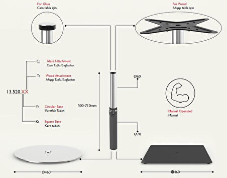 Tablalı Sehpa Ayağı 13.520.E - Yükseklik Ayarlı Manuel Beyaz