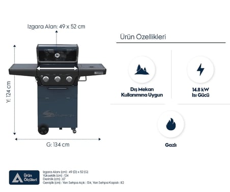 X350 Klasik LPG'li Barbekü - Led Işıklı, Pratik Kullanım, Geniş Izgara Alanı, Gri Mavi