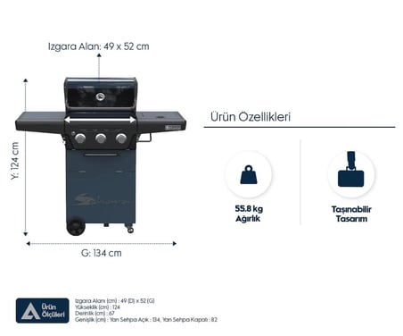 X350 Klasik LPG'li Barbekü - Led Işıklı, Pratik Kullanım, Geniş Izgara Alanı, Gri Mavi