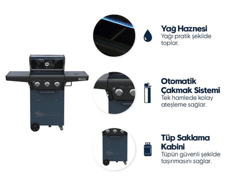 X350 Klasik LPG'li Barbekü - Led Işıklı, Pratik Kullanım, Geniş Izgara Alanı, Gri Mavi