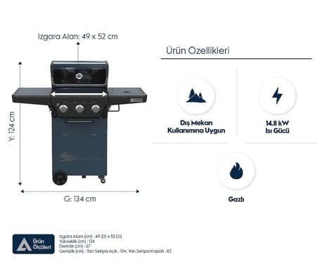 X350 Klasik LPG'li Barbekü - Led Işıklı, Pratik Kullanım, Geniş Izgara Alanı, Gri Mavi