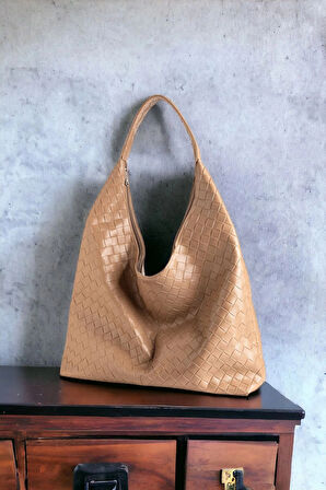 Liya Taba Süet Örgü Desen Shopper Kadın Omuz Çantası