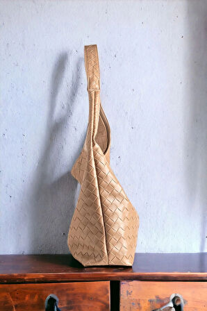 Liya Taba Süet Örgü Desen Shopper Kadın Omuz Çantası