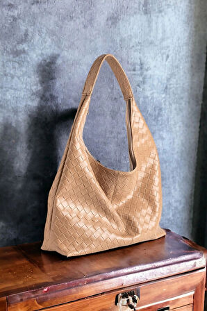 Liya Siyah Süet Örgü Desen Shopper Kadın Omuz Çantası