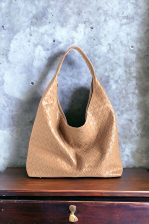 Liya Acı Kahve Süet Örgü Desen Shopper Kadın Omuz Çantası