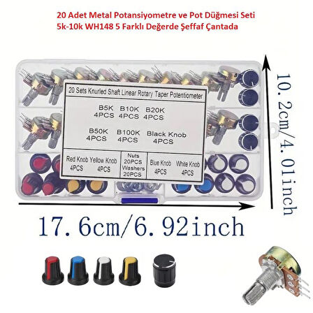 20 Adet Metal Potansiyometre ve Pot Düğmesi Seti 5k-10k WH148 5 Farklı Değer Şeffaf Çantada