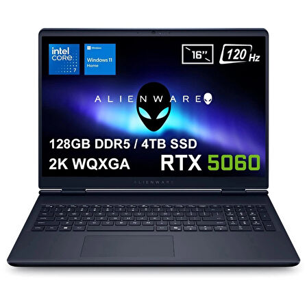 Dell Alienware 16 Aurora Intel Core 7-240H 128GB DDR5 4TB SSD RTX5060 8GB 16 inç 2K WQXGA 120Hz WVA W11 Home Gaming Laptop (AC16250-C716156Wv6)