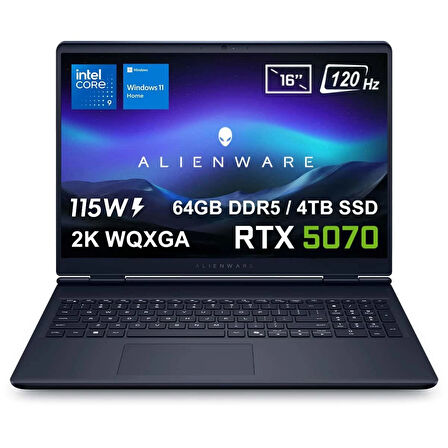 Dell Alienware 16 Aurora Intel Core 9-270H 64GB DDR5 4TB SSD RTX5070 8GB 115W 16 inç 2K WQXGA 120Hz WVA W11 Home Gaming Laptop (AC16250-C932157Wv6)