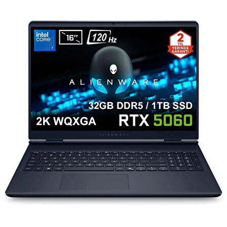 Dell Alienware 16 Aurora Intel Core 7-240H 32GB DDR5 1TB SSD RTX5060 8GB 16 inç 2K WQXGA 120Hz WVA Ubuntu Gaming Laptop (AC16250-C71615U56Nv2)