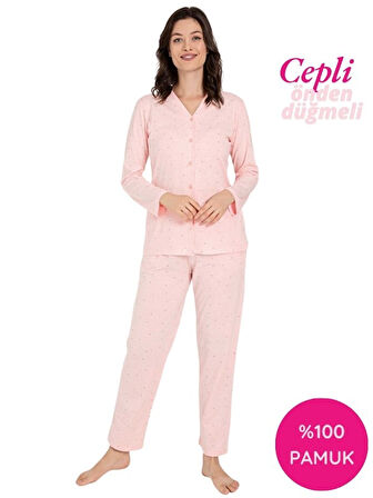 Kadın V Yaka Önden Düğmeli %100 Pamuk Uzun Kol Cepli Pijama Takımı