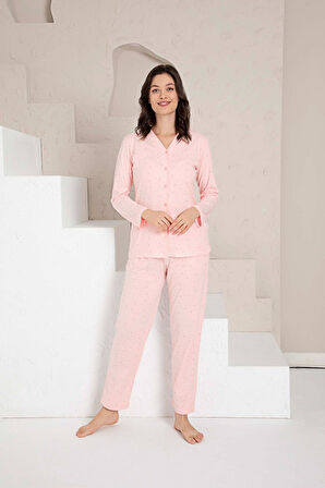 Kadın V Yaka Önden Düğmeli %100 Pamuk Uzun Kol Cepli Pijama Takımı