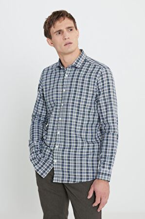 %100 Pamuk Oxford Slim Fit Dar Kesim Klasik Yaka Kareli Gömlek